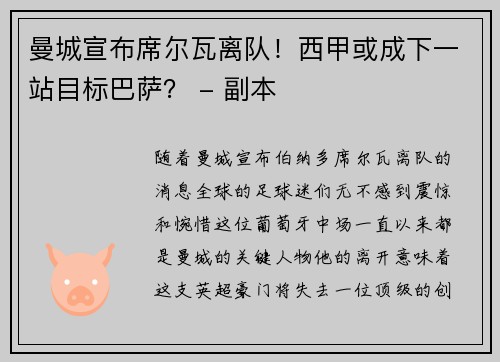 曼城宣布席尔瓦离队！西甲或成下一站目标巴萨？ - 副本